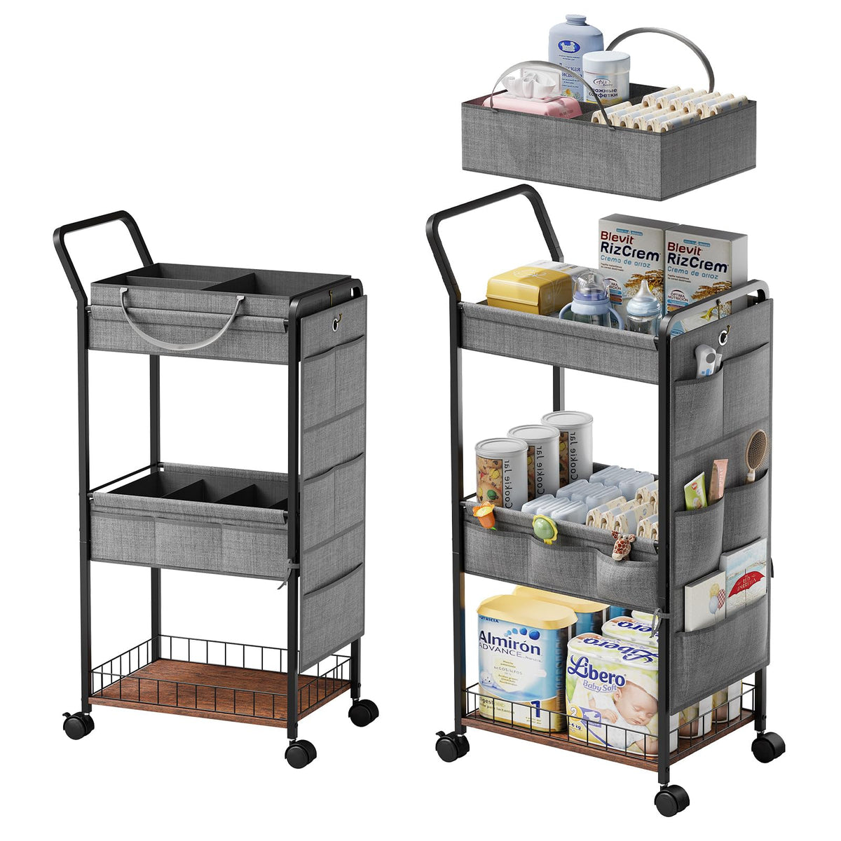 BBLIKE 3-Tier Diaper Caddy top basket with handles keeps diapers and wipes within reach
