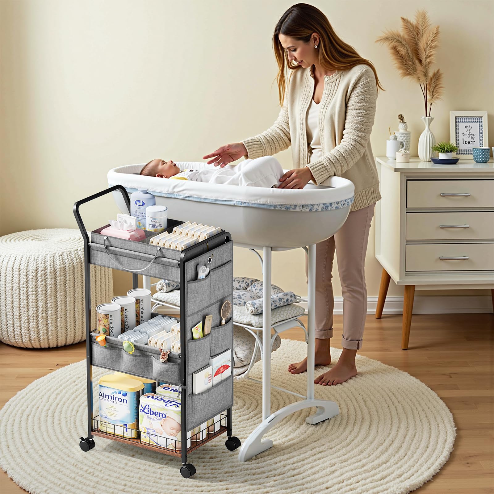 BBLIKE Compact Design Diaper Caddy fits small spaces beside a crib or changing table