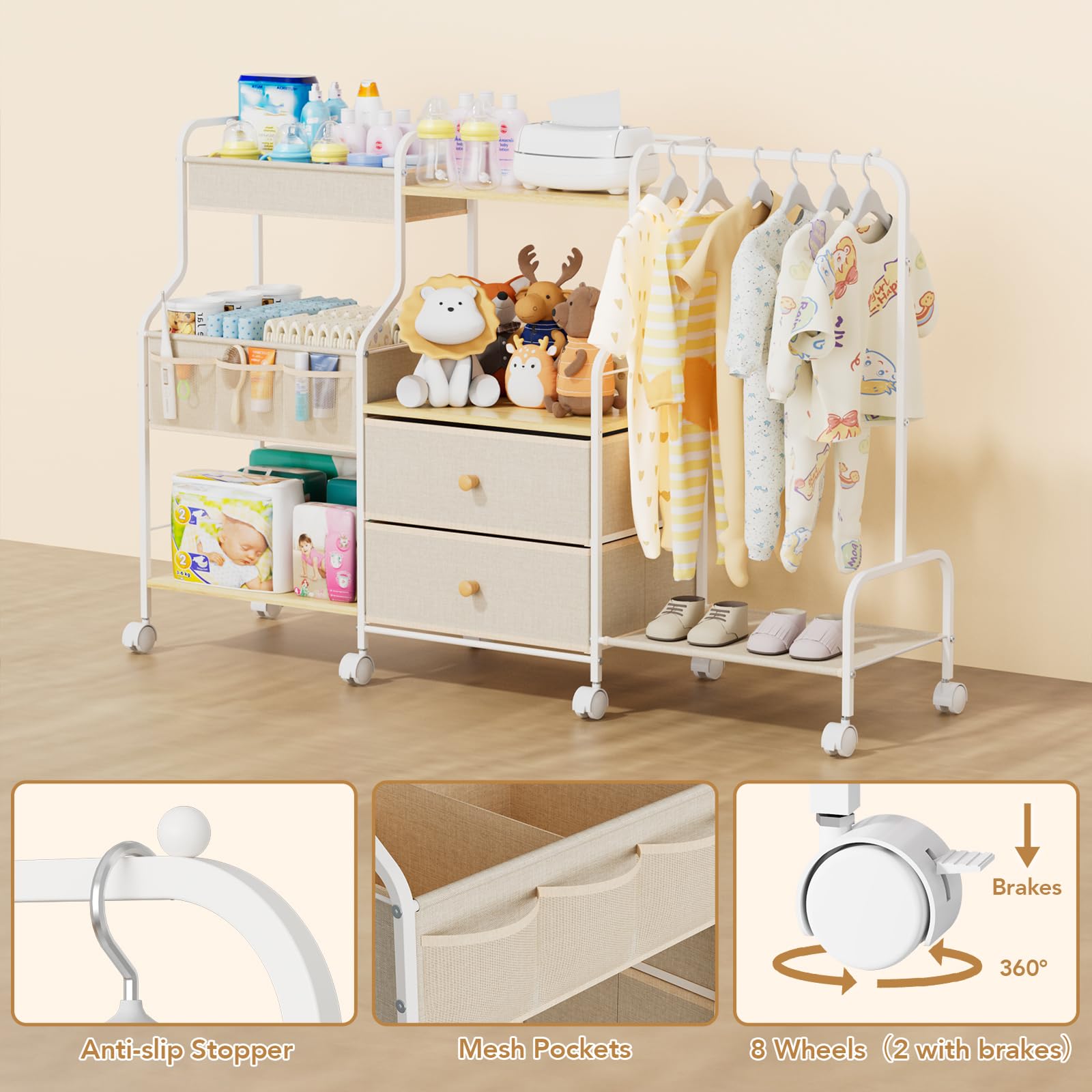 BBLIKE Diaper Caddy 8-Wheels design enables smooth nursery mobility.