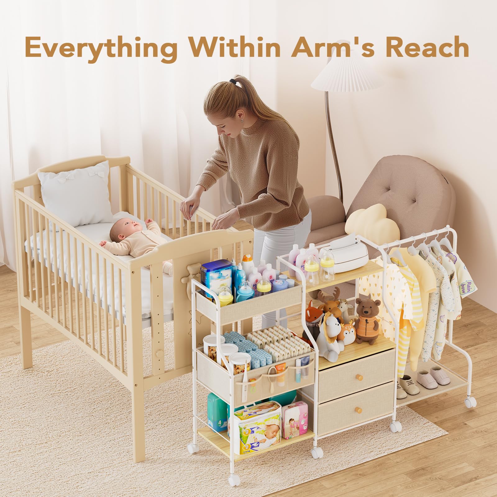 BBLIKE Diaper Caddy Slim-Profile fits tight spaces beside furniture.