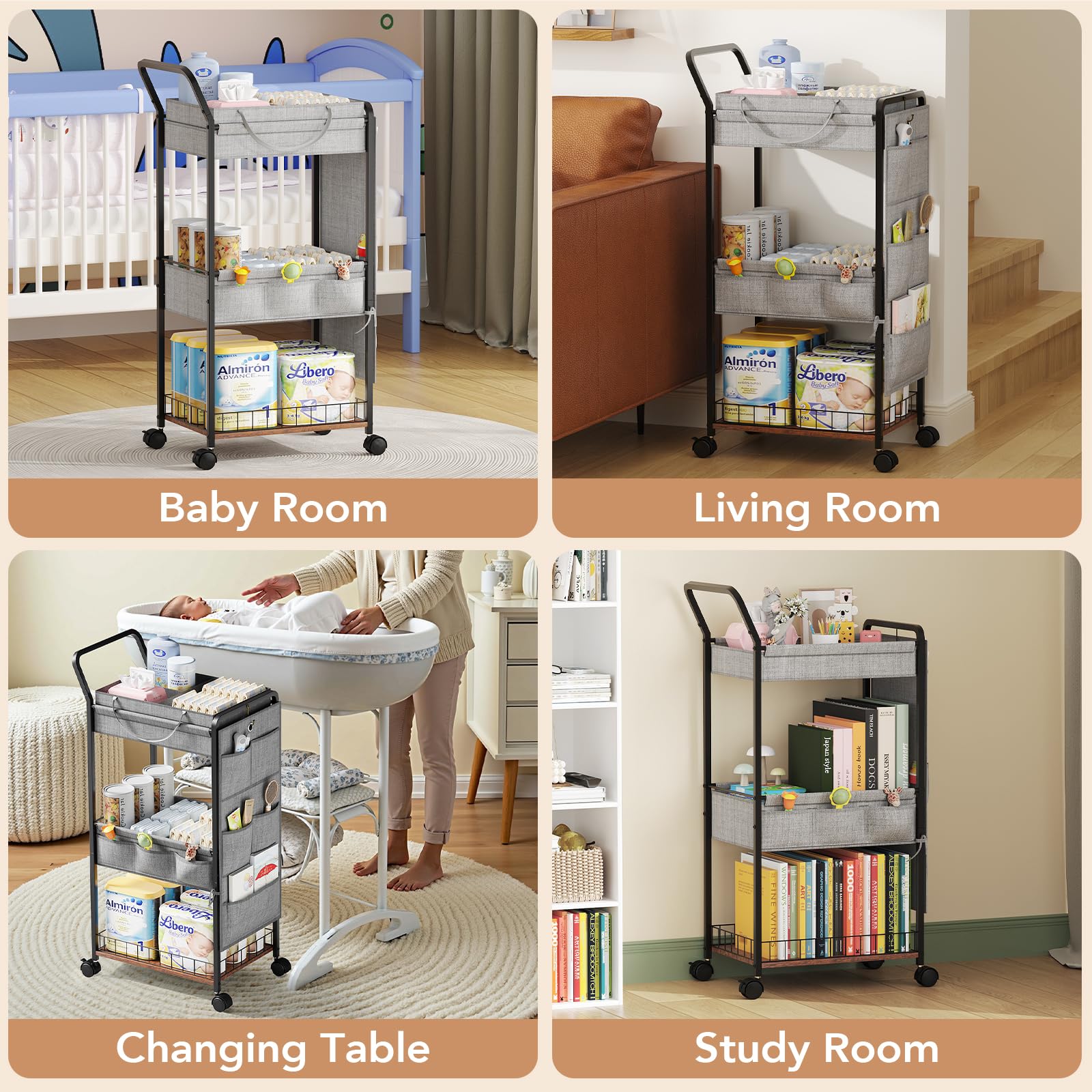 BBLIKE Rolling Diaper Caddy with 360° wheels glides smoothly through rooms