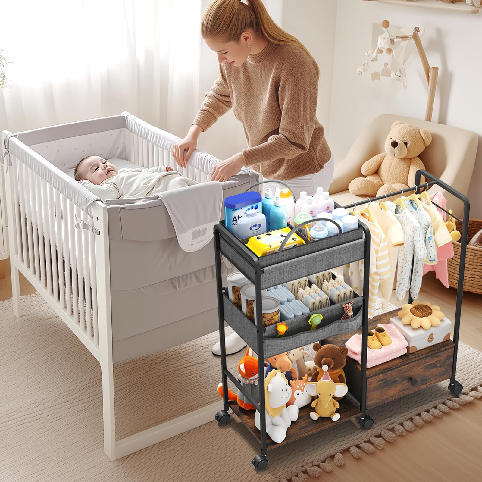 BBLIKE rolling diaper cart with wheels enables easy transport around the nursery.