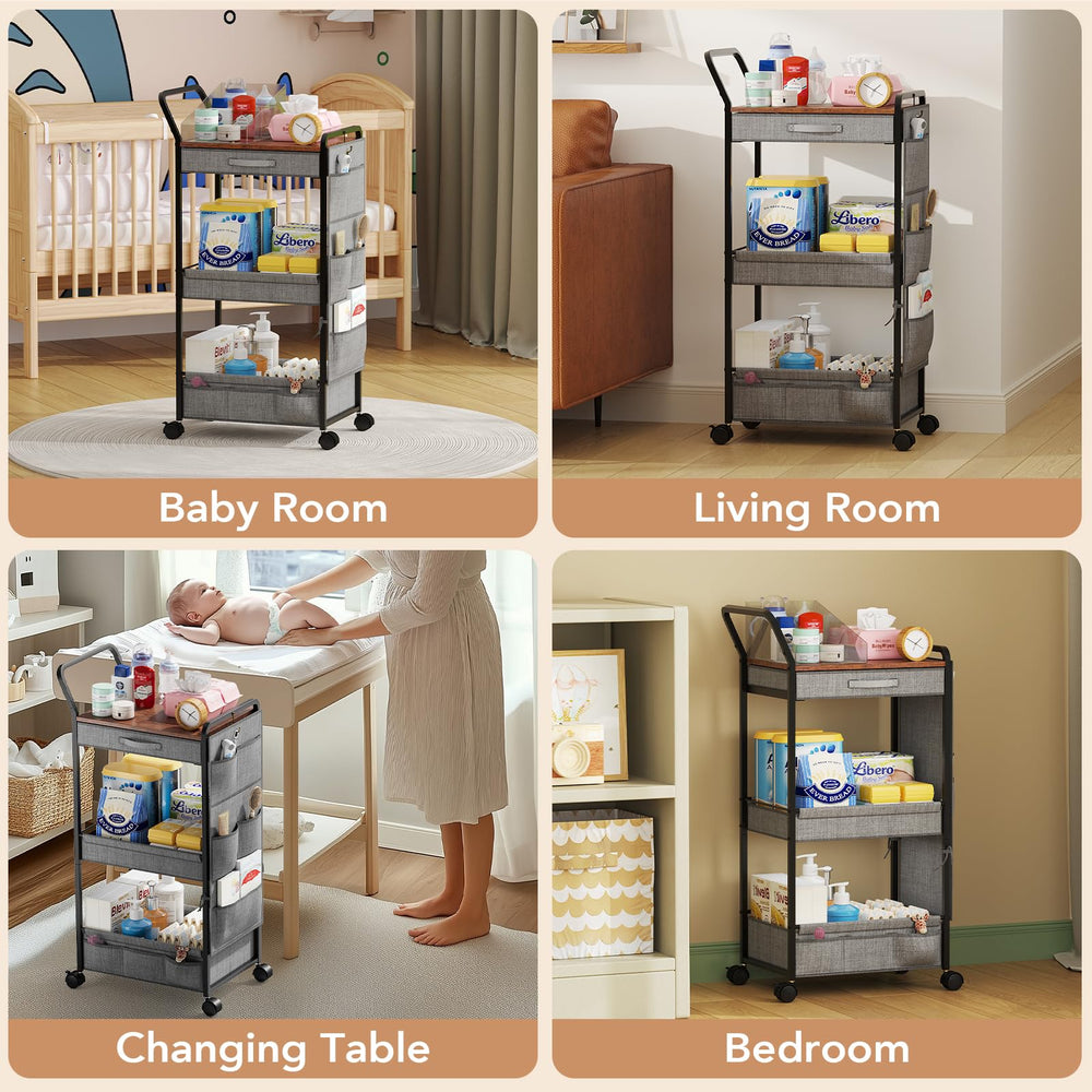 BBLIKE rolling cart features 360-degree wheels for smooth movement around nursery.
