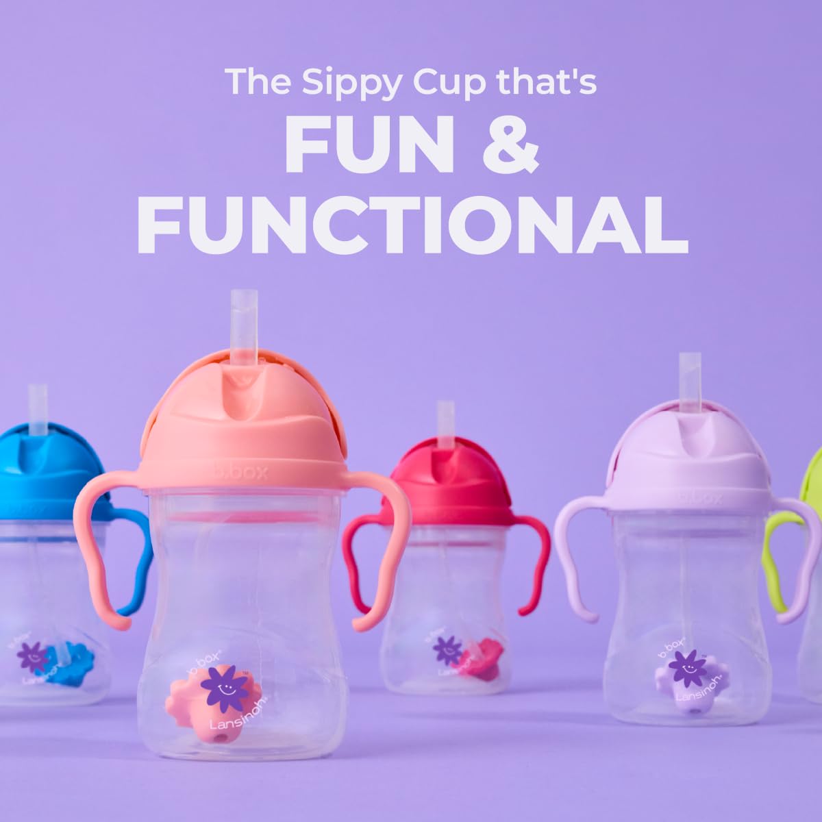 b.box and Lansinoh weighted straw sippy cup shows 8 oz capacity.