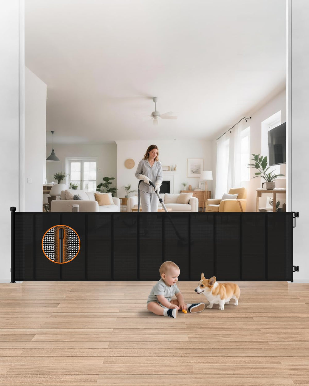 BBsecure 120-wide gate rolled for space-saving convenience and quick safety.