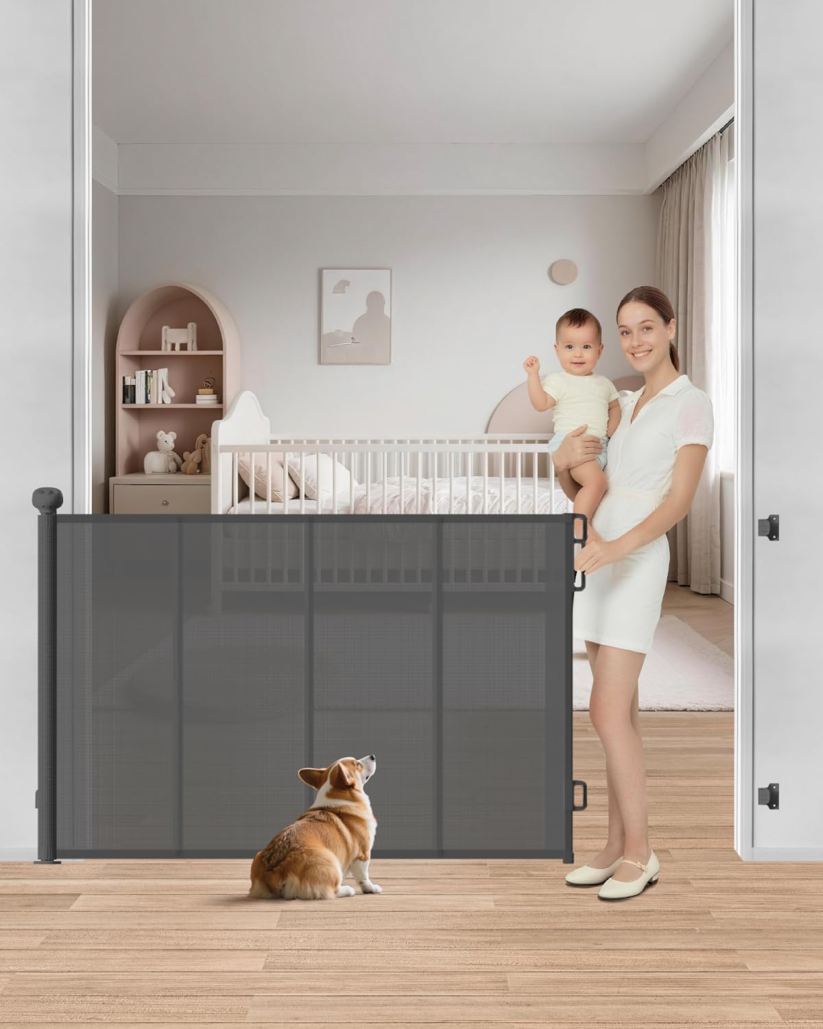 BBsecure 55in wide retractable gate mounted at doorway for room-to-room safety