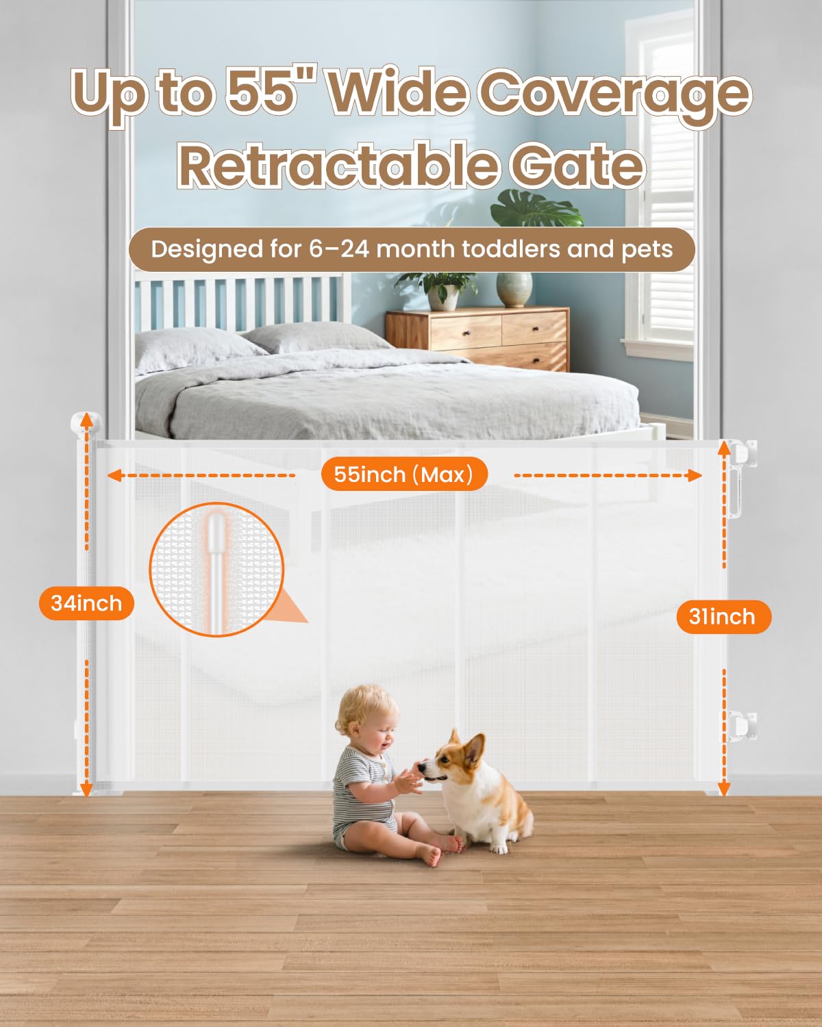 BBsecure retractable gate on stairs demonstrates one-handed, two-step lock operation.