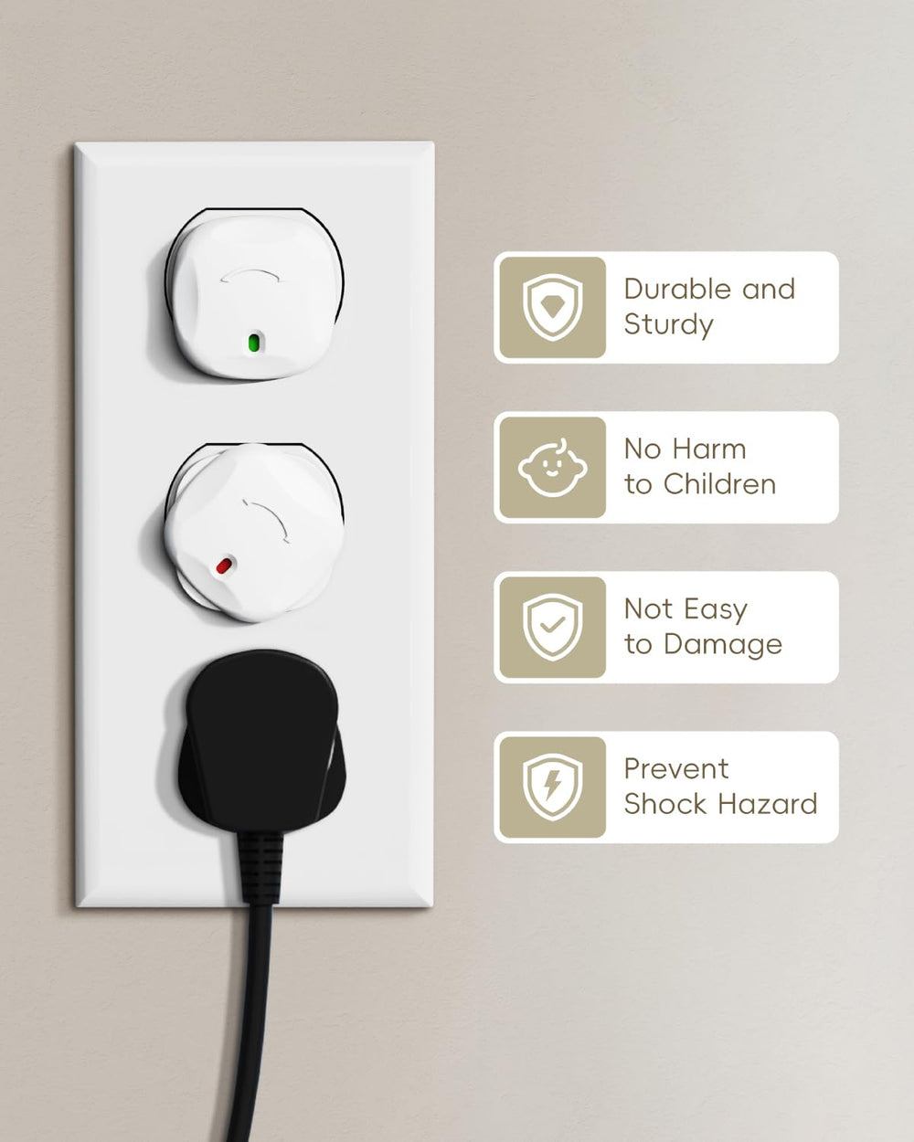 BBsecure outlet covers with green-red indicator for quick status at a glance.