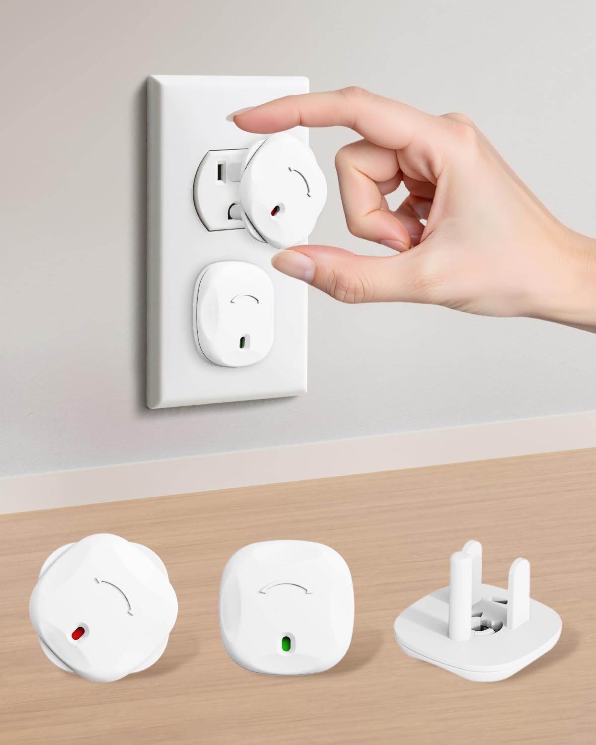 BBsecure outlet covers showing rotating design for child safety and easy adult access.