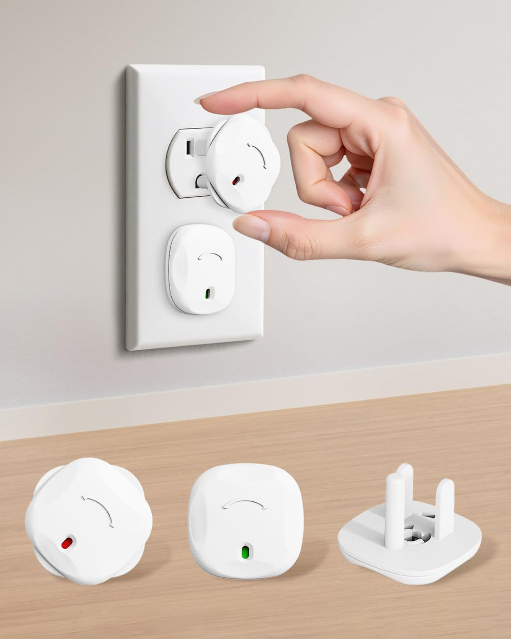 BBsecure outlet covers showing rotating design for child safety and easy adult access.