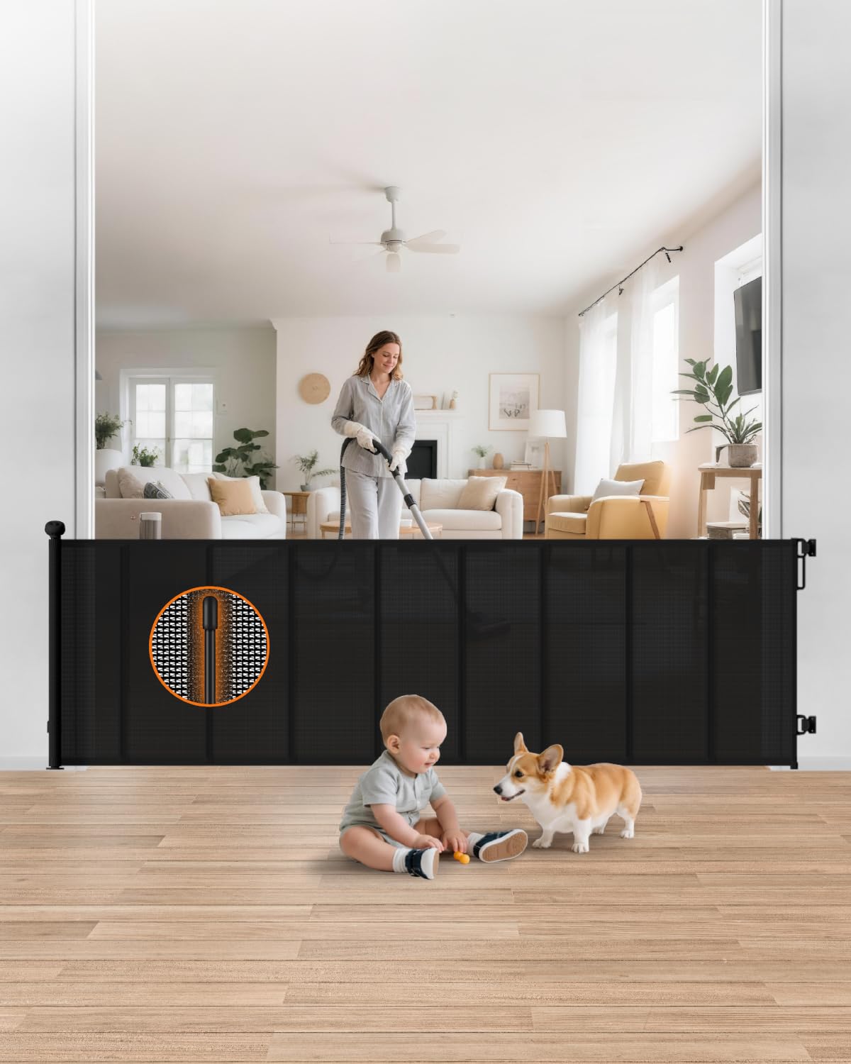 BBsecure reinforced retractable gate with 100-inch width blocks stairs safely