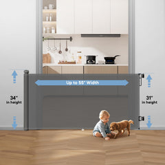 BBsecure retractable gate, 34-inch height, provides tall coverage for toddlers and pets.