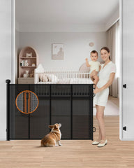 BBsecure retractable baby gate with 55-inch wide mesh for stairs and hallways.