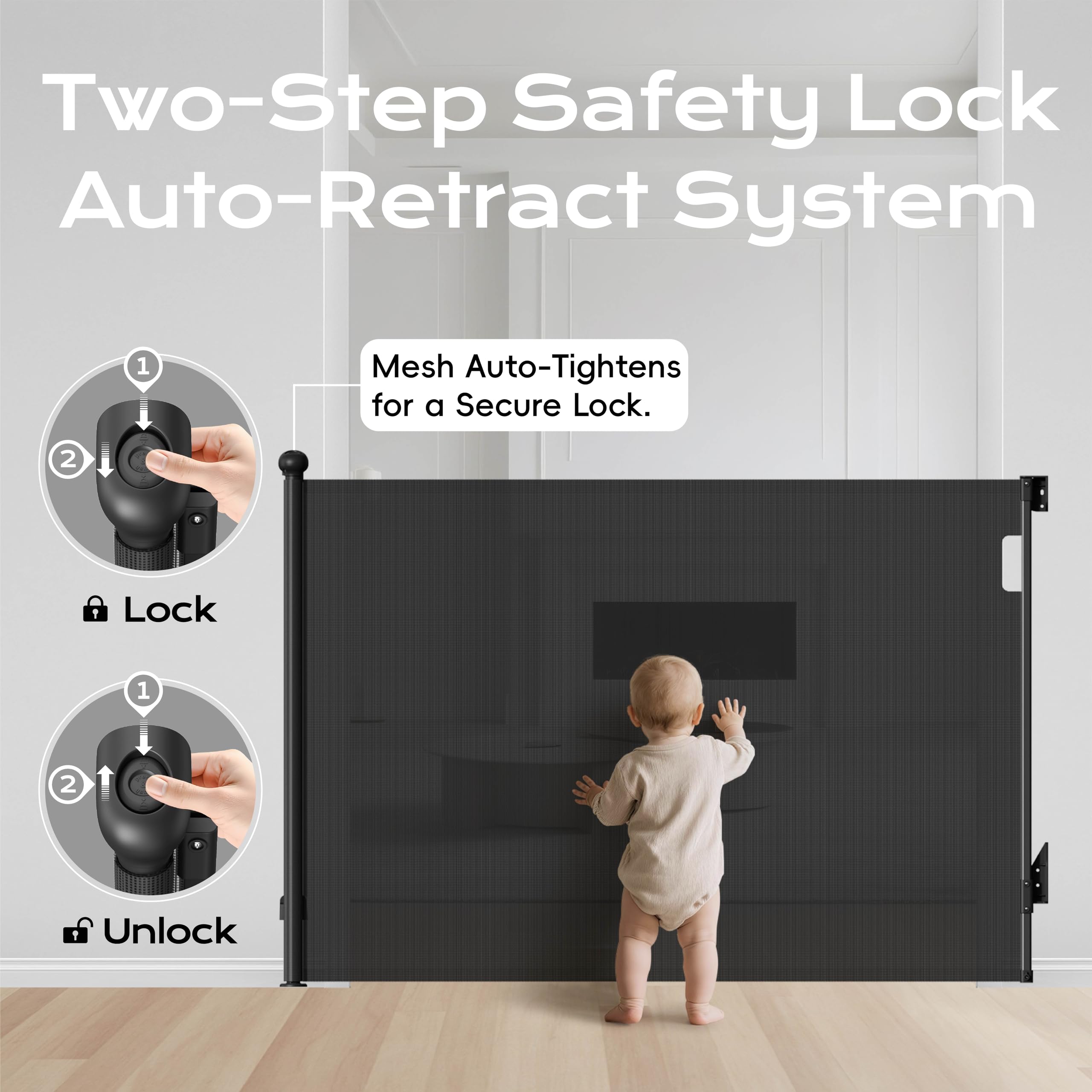 BBsecure retractable gate, 71-inch wide, ideal for doorways and hallways.