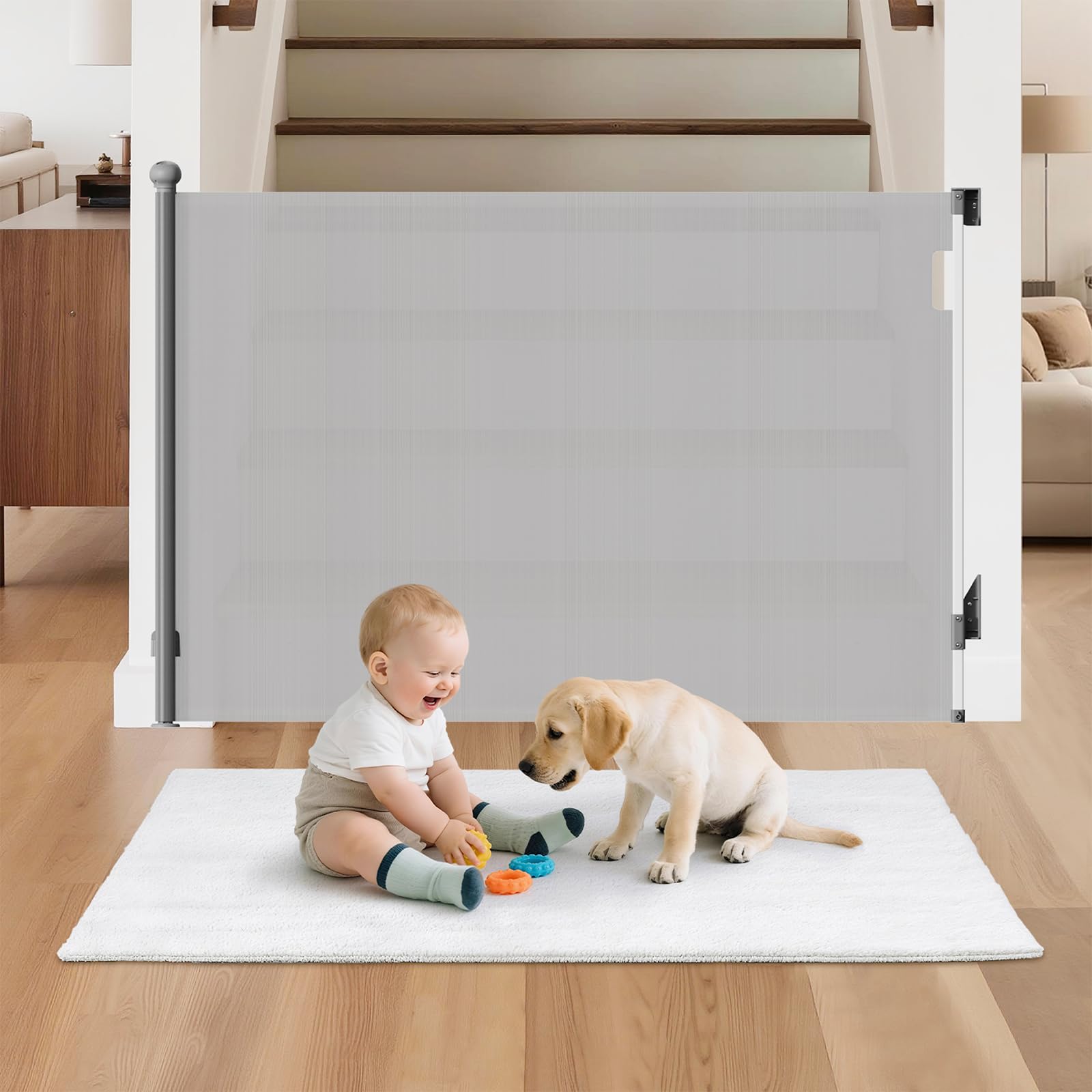 BBsecure retractable gate for wide doorways, 55 inches wide and 38 inches high.