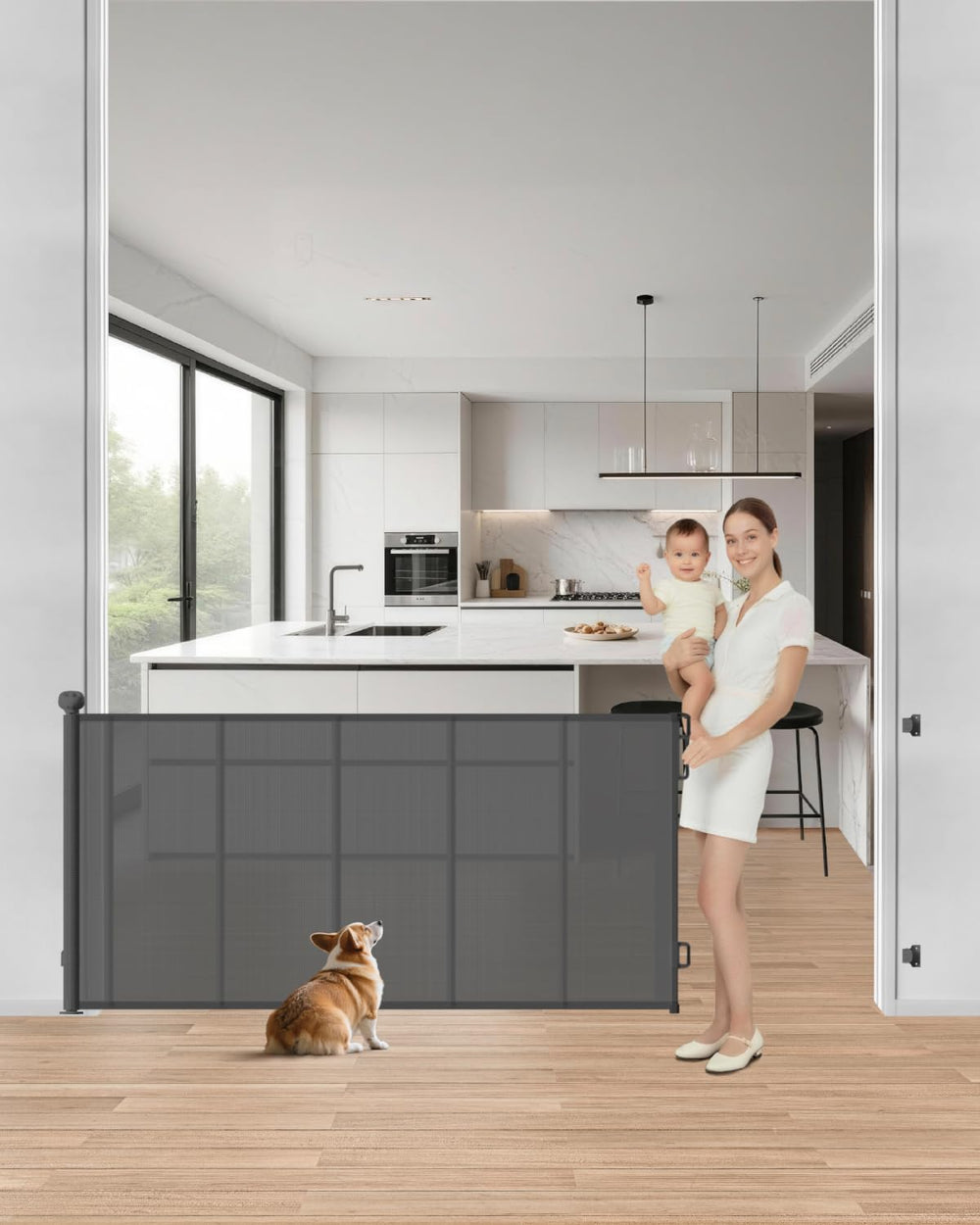 BBsecure retractable gate extended to a 71-inch width for wide openings.