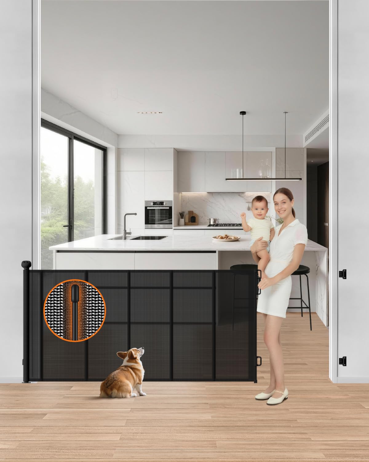 BBsecure upgraded retractable baby gate 71-wide shows a wide doorway for easy access and child safety.