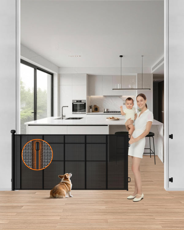 BBsecure upgraded retractable baby gate 71-wide shows a wide doorway for easy access and child safety.