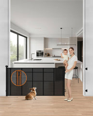 BBsecure upgraded retractable baby gate 71-wide shows a wide doorway for easy access and child safety.