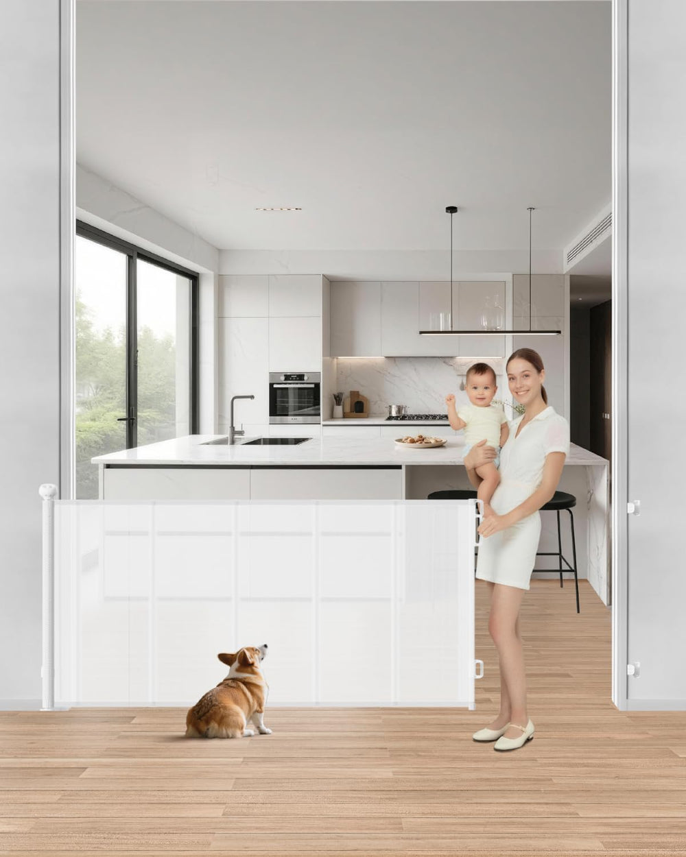 BBsecure upgraded retractable gate fully extended blocks kids and pets safely