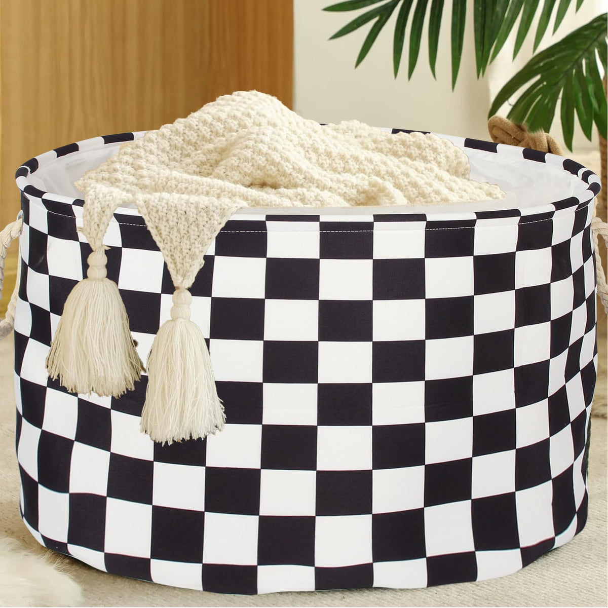 BBSET checked nursery basket large front view, ideal for blankets and toys.