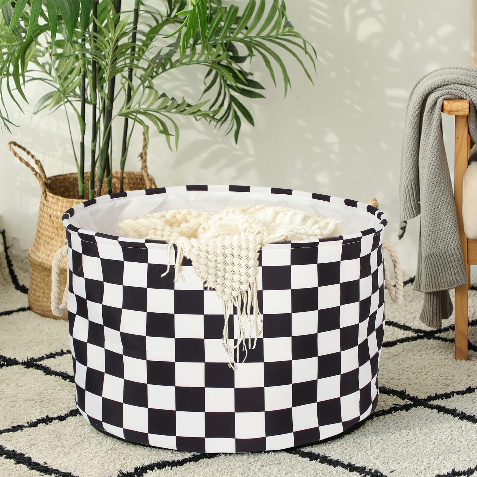 BBSET checked nursery basket large side view, sturdy fabric with rope handles.