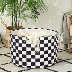 BBSET checked nursery basket large side view, sturdy fabric with rope handles.