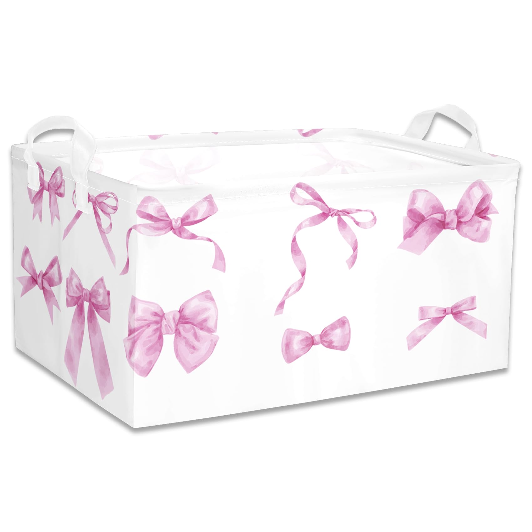 BBSET Coquette pink bow storage basket adds rustic-modern decor while tidying a playroom.