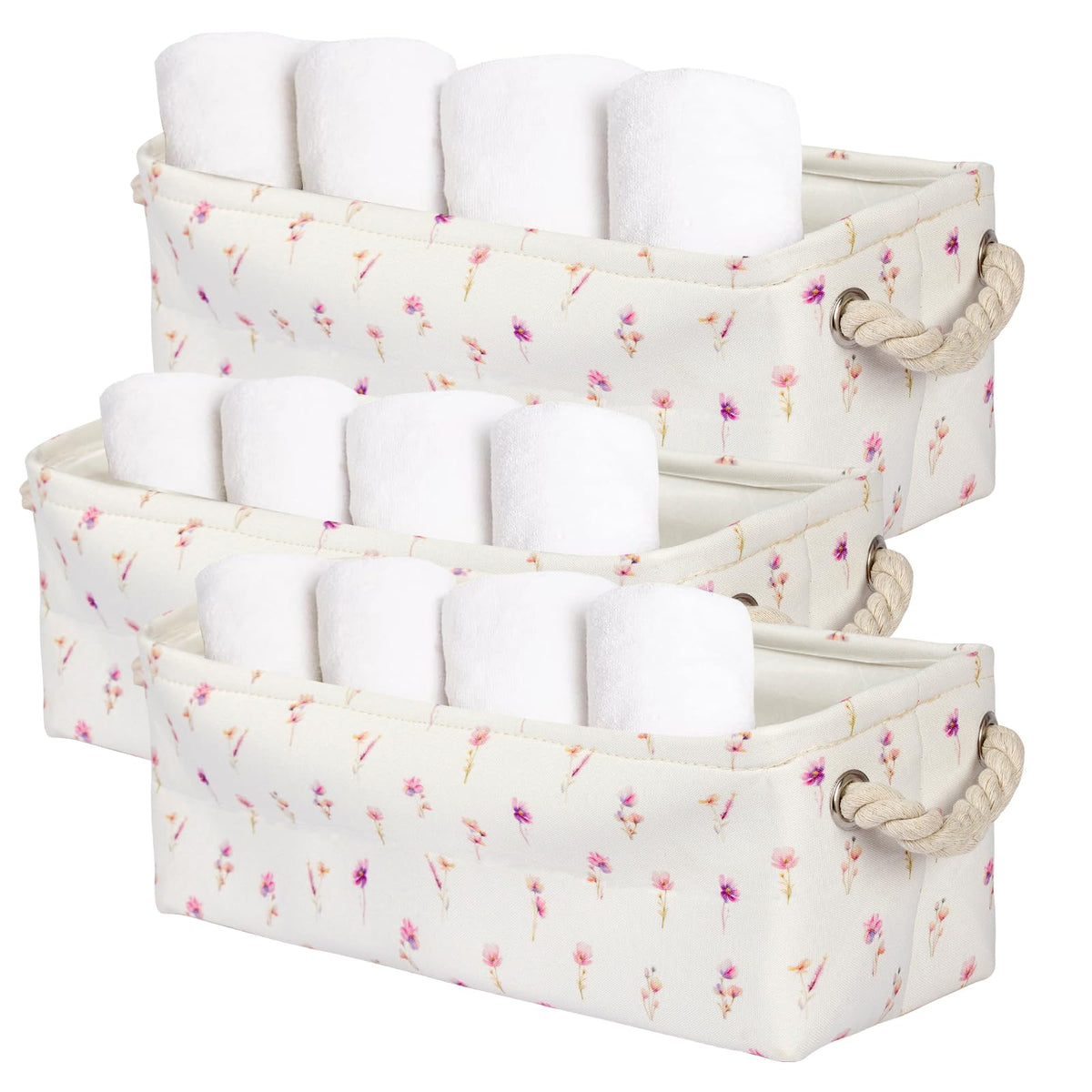 BBSET floral narrow storage bin in pink flowers for closet organization.