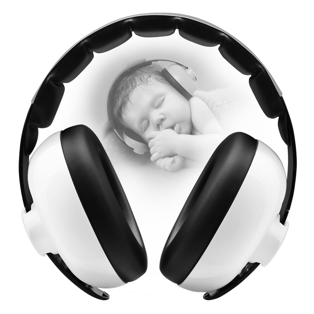 BBTKCARE baby headphones with noise cancelling worn by infant in white finish