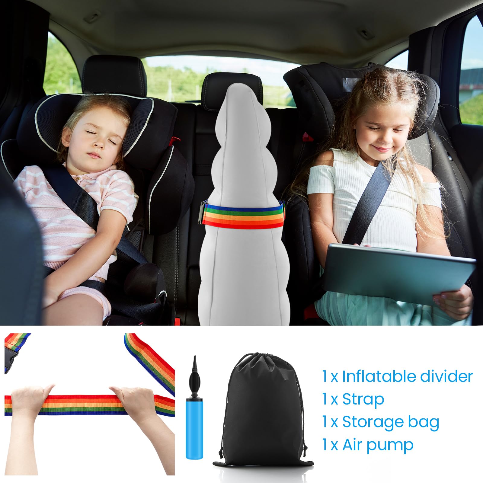 BBTO backseat divider with strap and pump, ready for quick installation