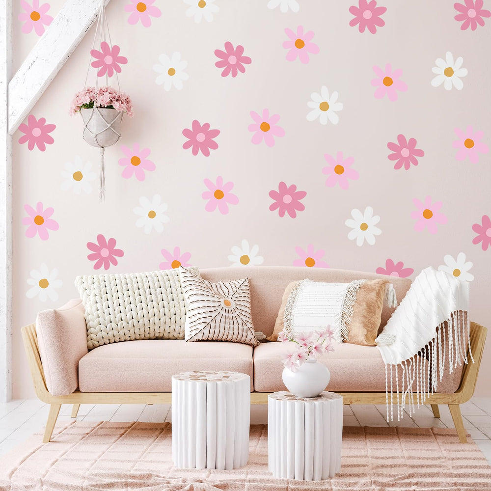 BBTO Daisy decals on a wall in a child's room for playful decor.