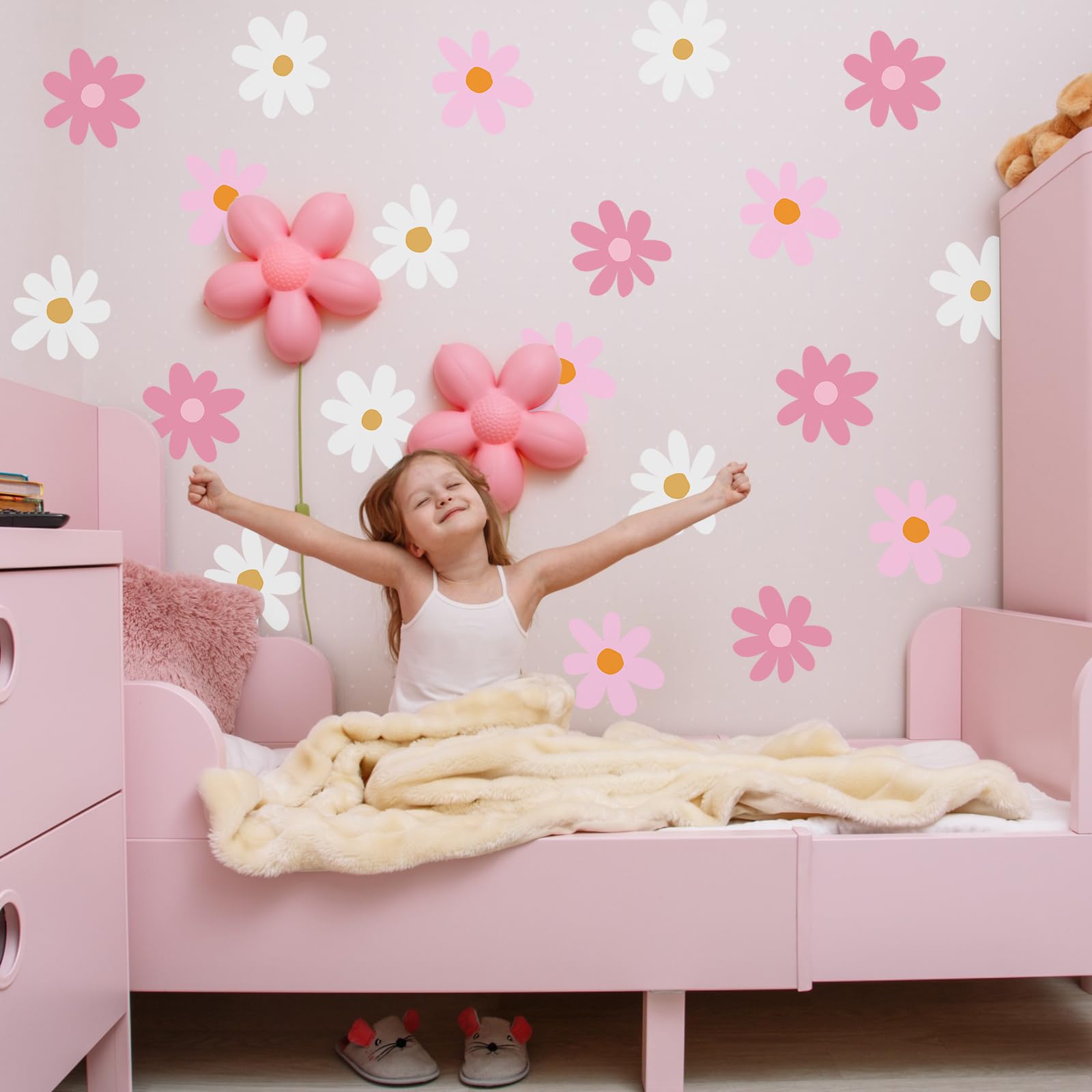 BBTO pink and white daisies decorate a playroom for a cheerful look.