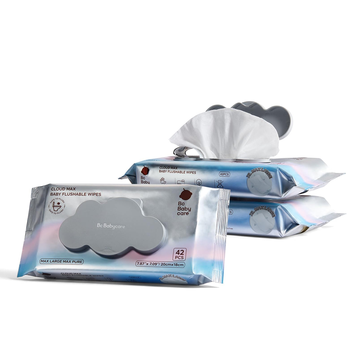 BC Babycare Cloud Max wipes pack closeup showing fragrance-free, gentle cleansing