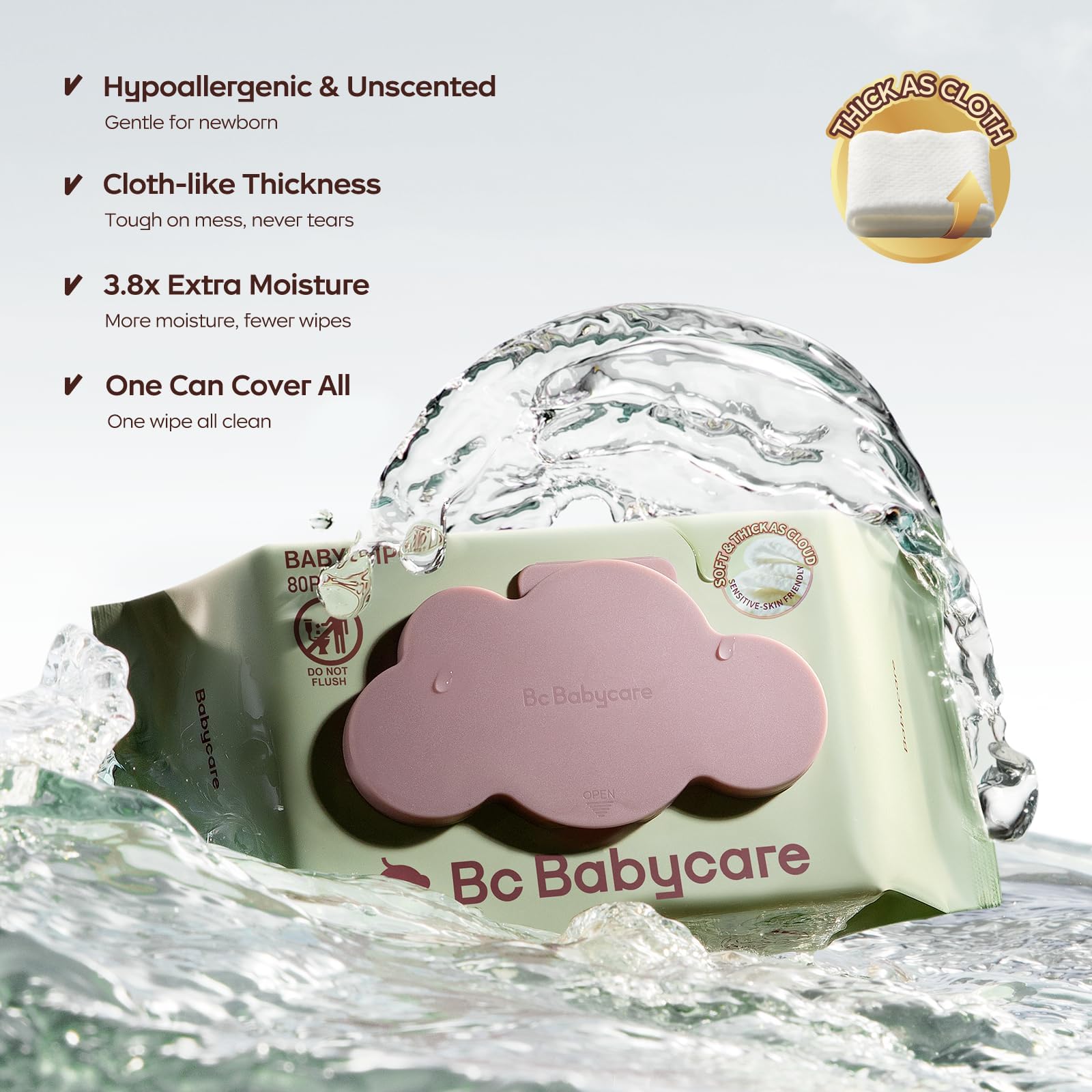 Bc Babycare Cloud Moist Wipes being pulled out shows a large wipe for quick cleanups