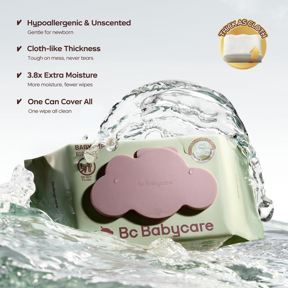 Bc Babycare Cloud Moist Wipes being pulled out shows a large wipe for quick cleanups