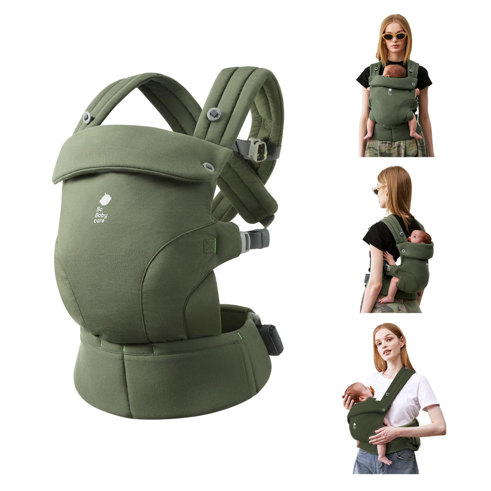 Bc Babycare CocoonGo olive grove front view showing adjustable, snug fit for growing babies