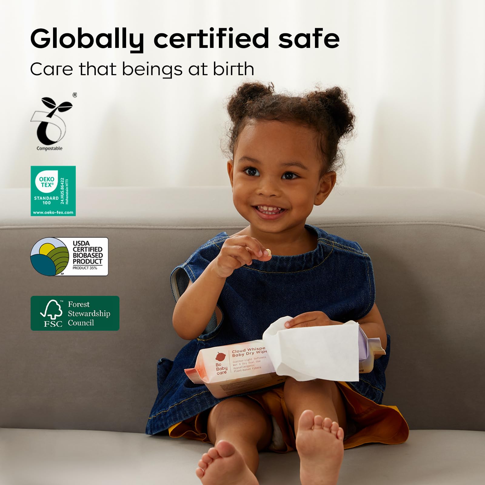 bc babycare dry wipes use plant-based fibers for safe, sustainable care.