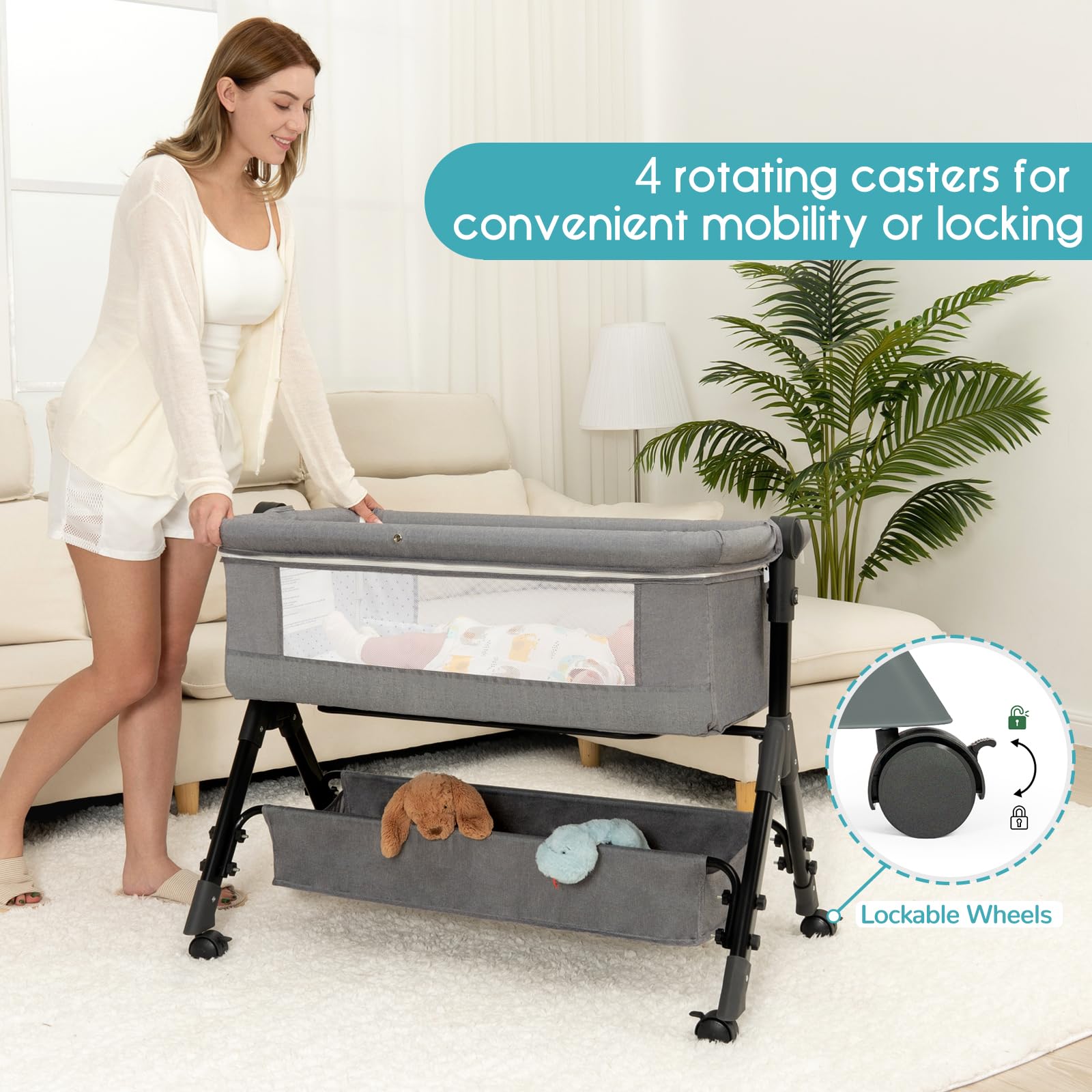BCOL spacious bedside crib with wheels and storage basket for essentials.
