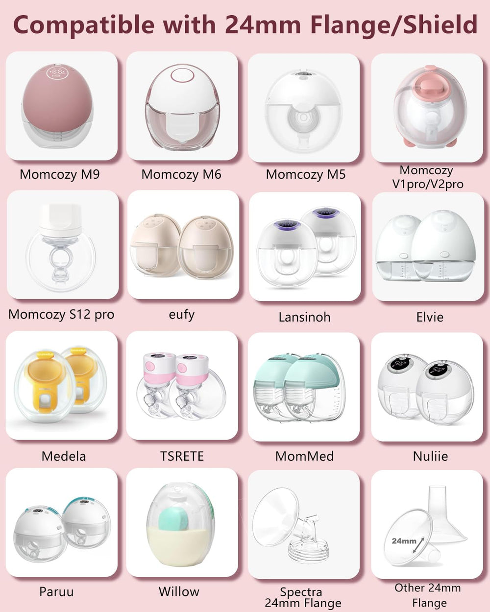 BDICOVE flange inserts showing compatibility with Momcozy, Spectra, Medela and more.