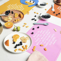 Be A Heart Bubblegum placemats kids dining close-up highlights BPA-free material