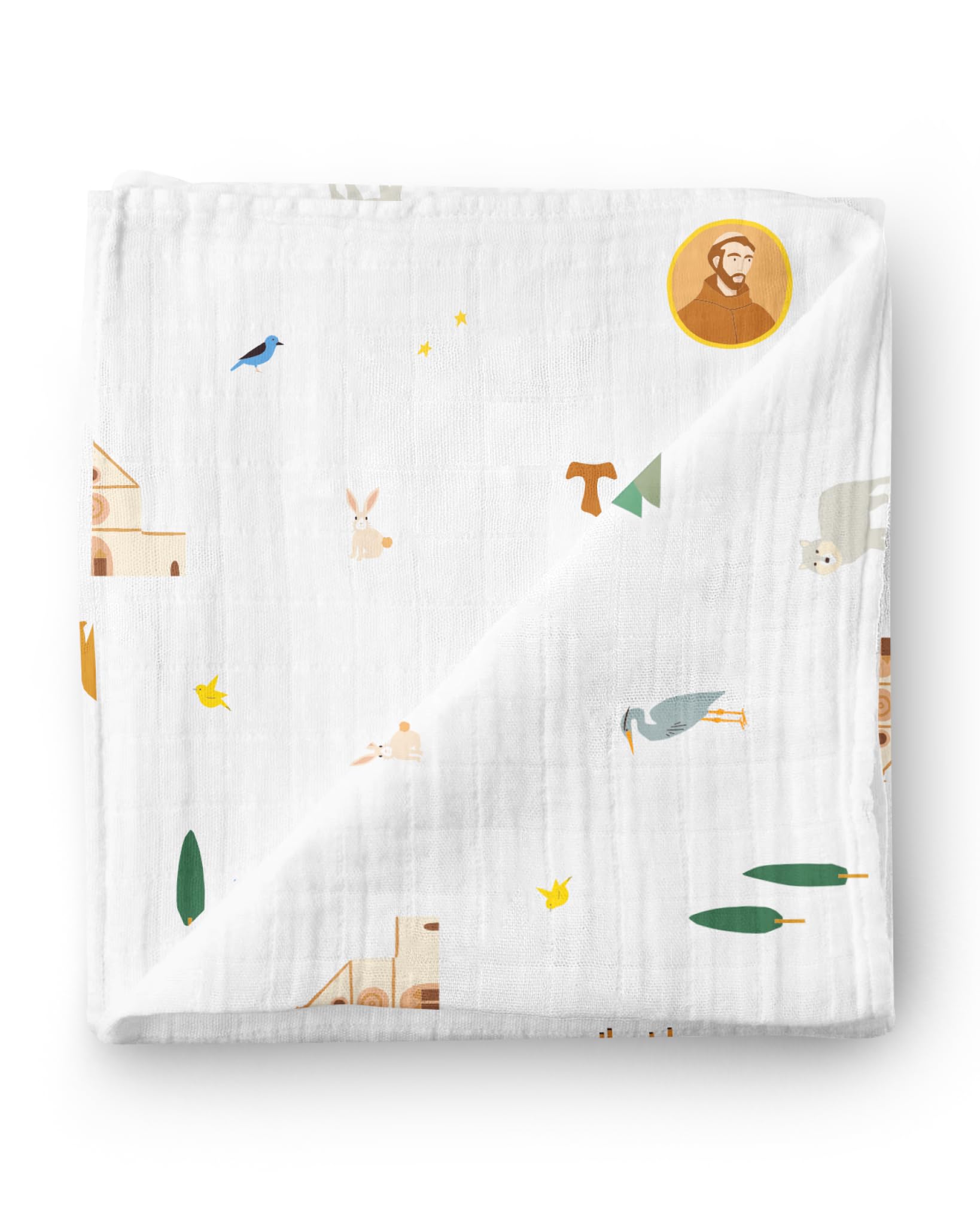 Be A Heart St. Francis swaddle blanket in soft fabric for newborn comfort.