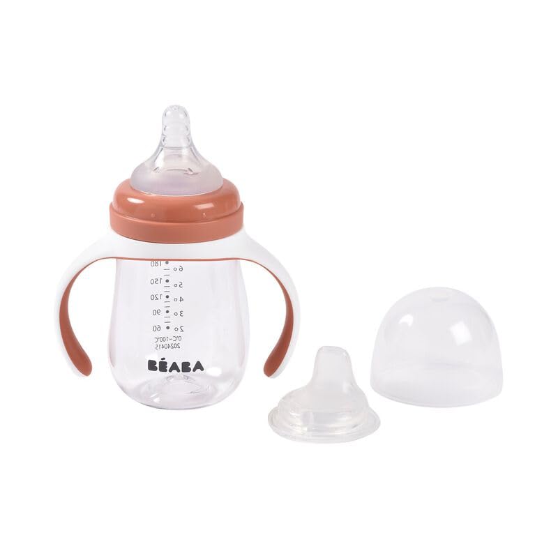 BEABA 2-in-1 bottle to spout cup transition, leak-proof learning in action.