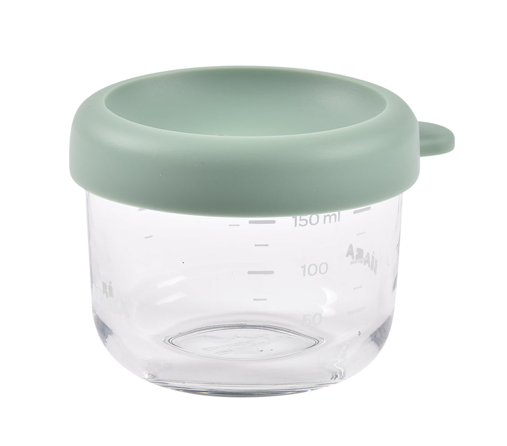 BEABA 5 oz glass jar with soft silicone lid for airtight storage.