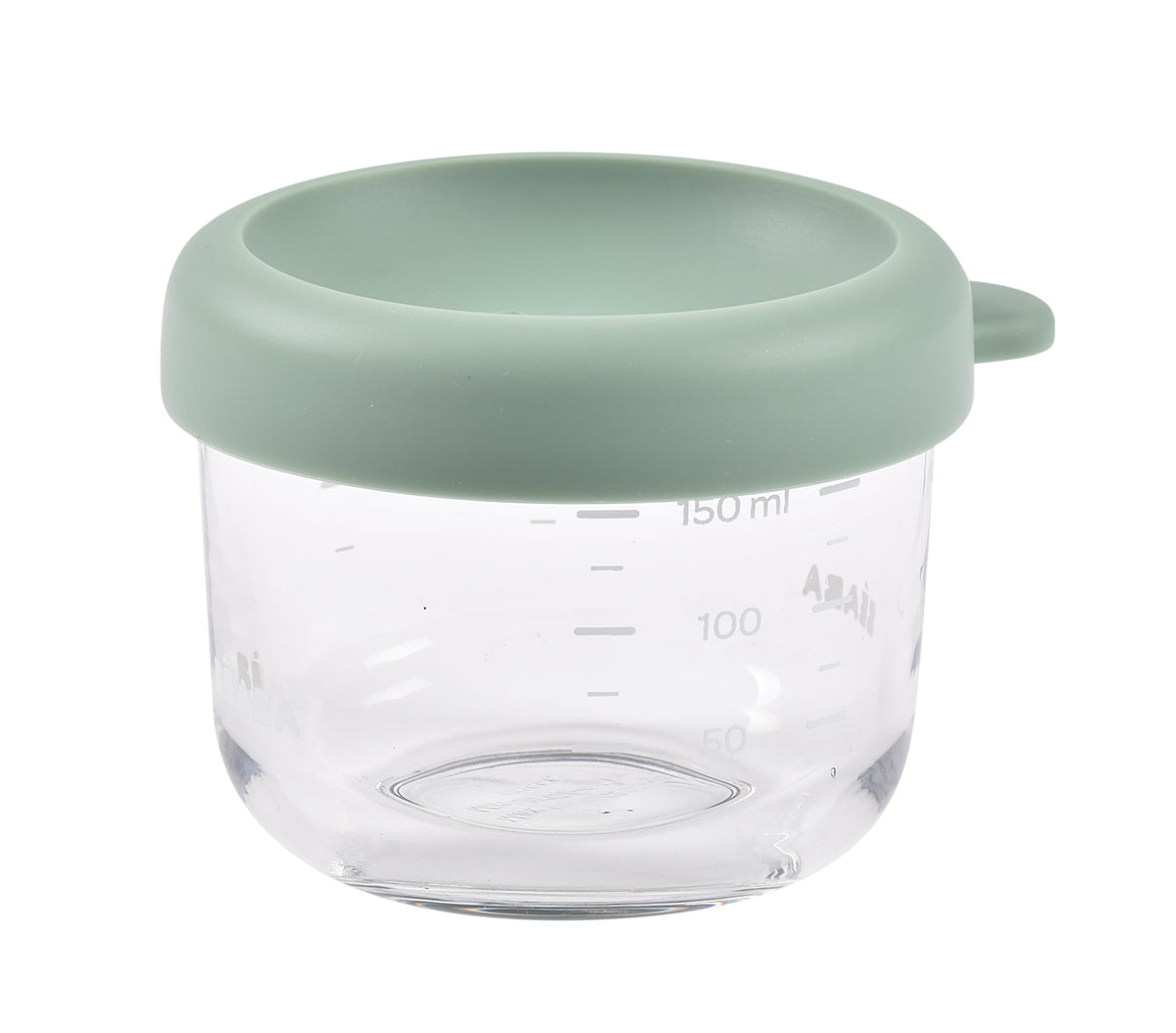 BEABA 5 oz glass jar with soft silicone lid for airtight storage.