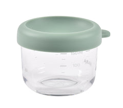 BEABA 5 oz glass jar with soft silicone lid for airtight storage.