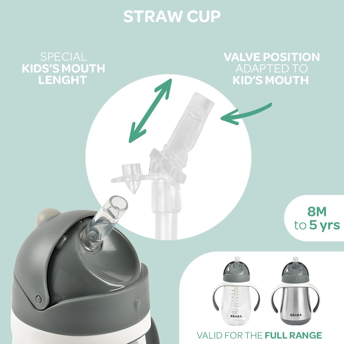 Beaba 8+ months learning cup supports independent sipping.