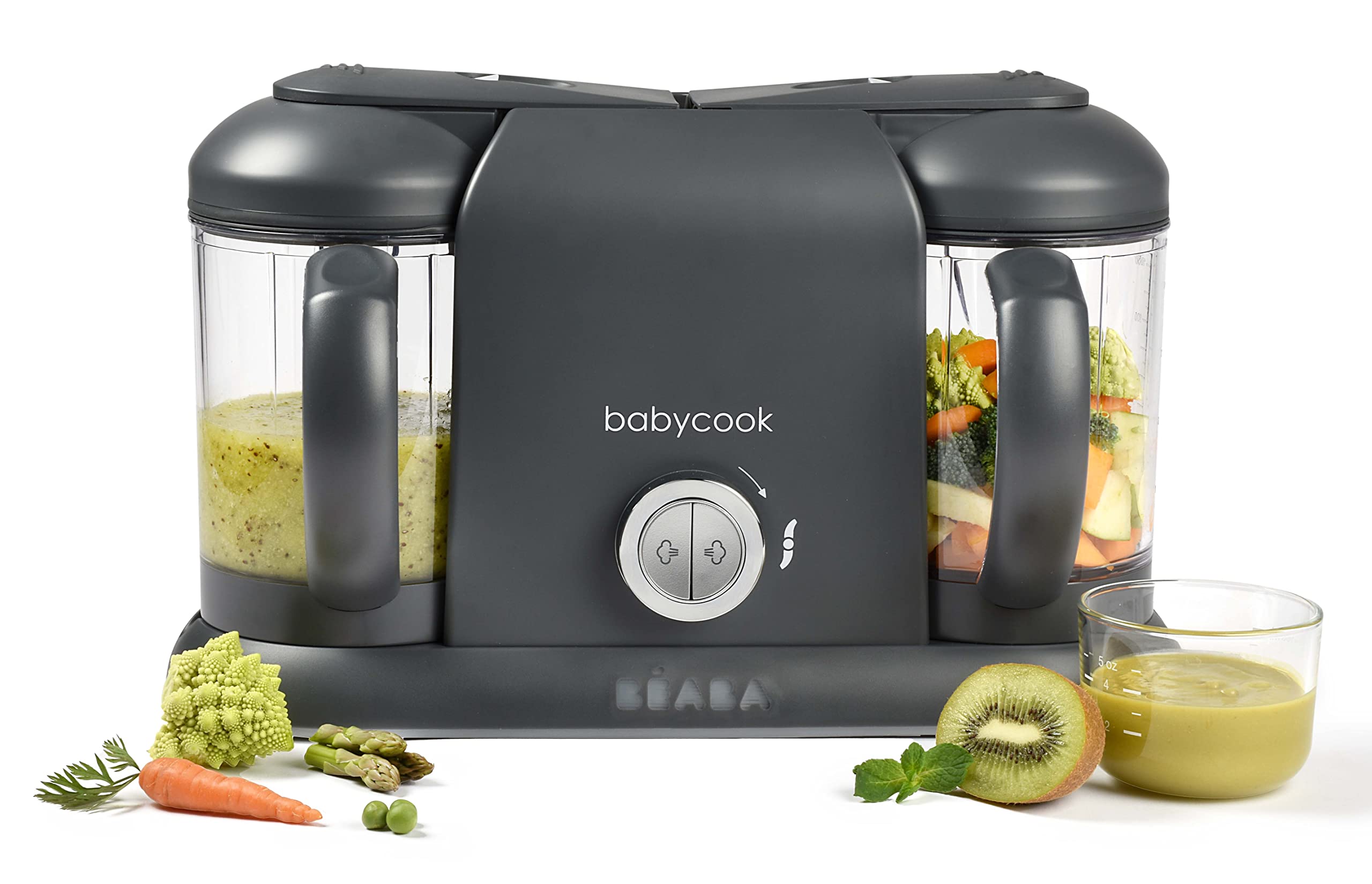 Beaba Babycook Duo with two 27oz steam bowls for batch baby meals quickly.