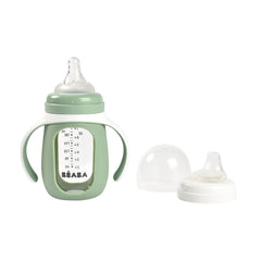 Beaba 2-in-1 glass bottle in Sage with nipple for smooth feeding transitions