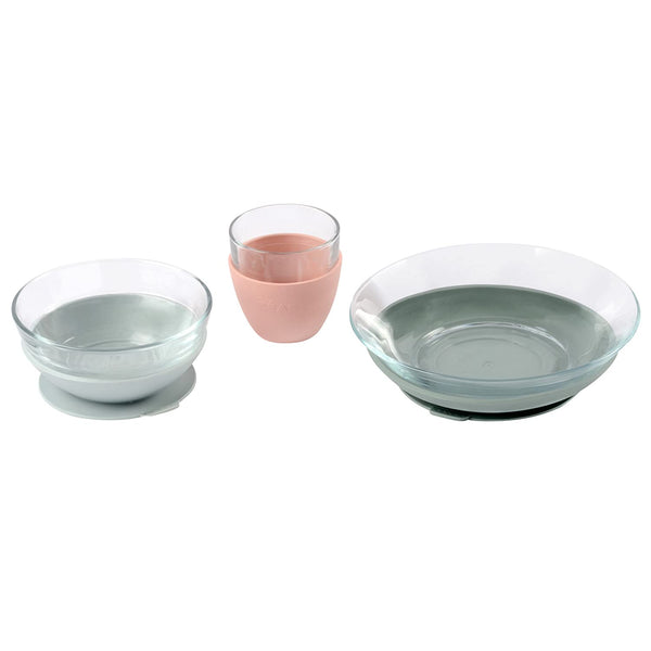 BEABA glass meal set plate with suction pad keeps meals steady for self-feeding.